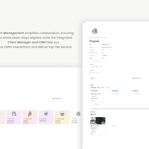 May include: A digital interface for team management, featuring a clean, white design. The interface includes sections for team members, tasks, and projects, with the text "Team Management" and "Client Manager and CRM" visible. The Notion logo is in the top left.
