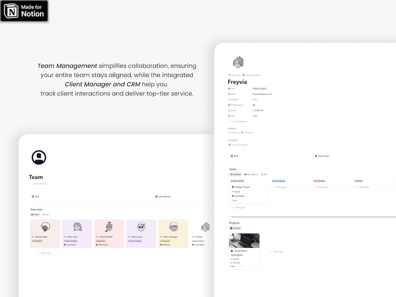 May include: A digital interface for team management, featuring a clean, white design. The interface includes sections for team members, tasks, and projects, with the text "Team Management" and "Client Manager and CRM" visible. The Notion logo is in the top left.