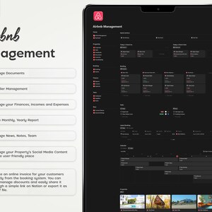 Pode incluir: Uma interface digital para gerenciamento do Airbnb, mostrando recursos como gerenciamento de documentos, rastreamento financeiro e controle de conte&uacute;do de m&iacute;dia social. A interface &eacute; exibida em um tablet com o logotipo da Notion. O texto inclui "Airbnb Management".