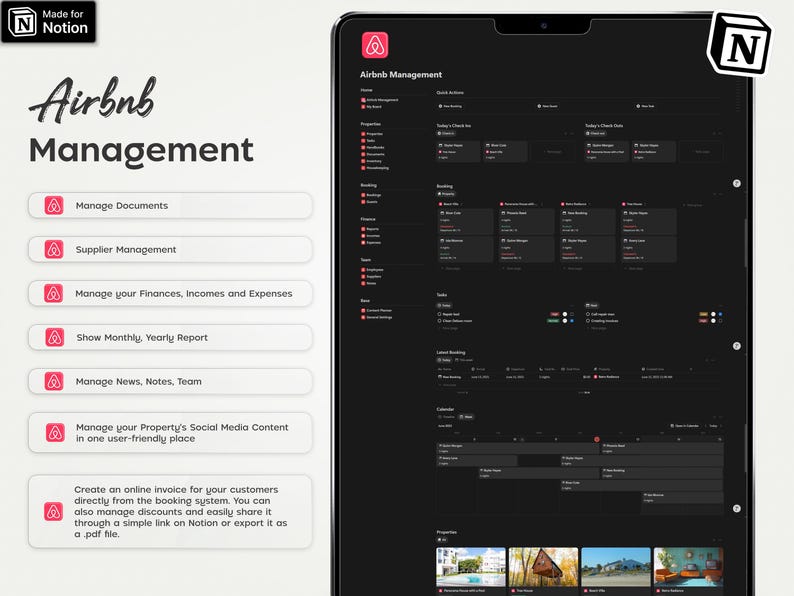 Pode incluir: Uma interface digital para gerenciamento do Airbnb, mostrando recursos como gerenciamento de documentos, rastreamento financeiro e controle de conte&uacute;do de m&iacute;dia social. A interface &eacute; exibida em um tablet com o logotipo da Notion. O texto inclui "Airbnb Management".