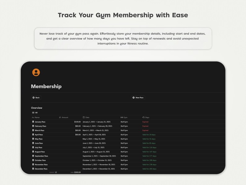 Pode incluir: Uma captura de tela da interface de um aplicativo m&oacute;vel que mostra uma vis&atilde;o geral da inscri&ccedil;&atilde;o em uma academia. O aplicativo exibe uma lista de passes mensais com seus valores, datas e per&iacute;odos de validade restantes correspondentes. O aplicativo foi projetado para ajudar os usu&aacute;rios a acompanhar suas inscri&ccedil;&otilde;es na academia e evitar interrup&ccedil;&otilde;es inesperadas em sua rotina de exerc&iacute;cios.