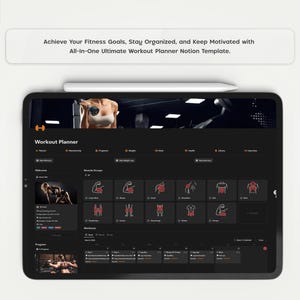 Pode incluir: Uma captura de tela de um modelo Notion para um planejador de treino. O modelo inclui se&ccedil;&otilde;es para grupos musculares, treinos e um calend&aacute;rio. O modelo foi projetado para ajudar os usu&aacute;rios a atingir seus objetivos de condicionamento f&iacute;sico, manter-se organizados e motivados.