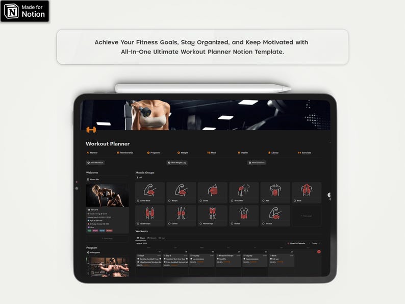 Pode incluir: Uma captura de tela de um modelo Notion para um planejador de treino. O modelo inclui se&ccedil;&otilde;es para grupos musculares, treinos e um calend&aacute;rio. O modelo foi projetado para ajudar os usu&aacute;rios a atingir seus objetivos de condicionamento f&iacute;sico, manter-se organizados e motivados.