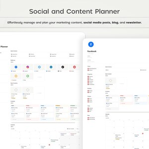 Pode incluir: Interface digital de planeador de conte&uacute;do com fundo branco. A interface exibe um calend&aacute;rio e &iacute;cones de m&iacute;dia social. O texto inclui "Social and Content Planner" e "Effortlessly manage and plan your marketing content, social media posts, blog, and newsletter."