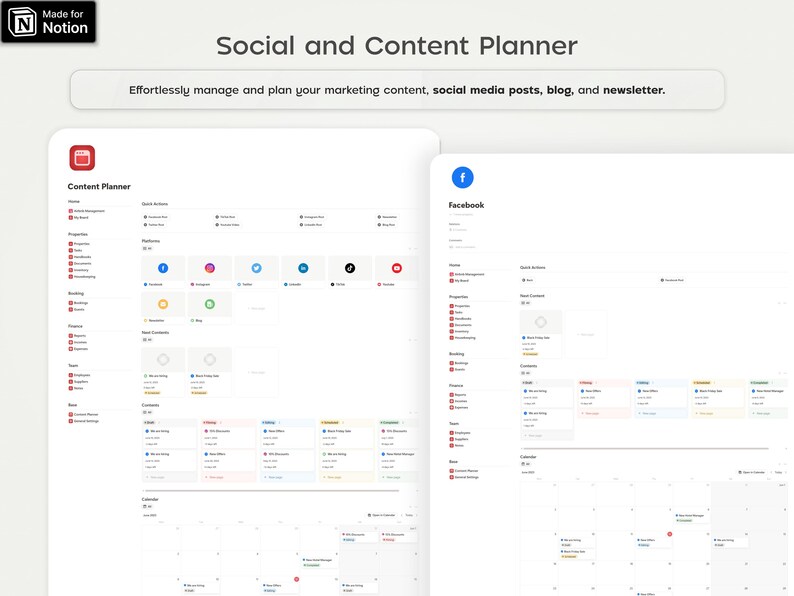 Pode incluir: Interface digital de planeador de conte&uacute;do com fundo branco. A interface exibe um calend&aacute;rio e &iacute;cones de m&iacute;dia social. O texto inclui "Social and Content Planner" e "Effortlessly manage and plan your marketing content, social media posts, blog, and newsletter."