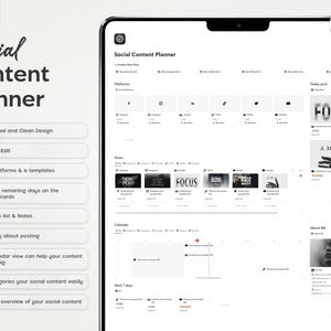 May include: A screenshot of a Notion template for social media content planning. The template includes sections for platforms, posts, a calendar, and an "About Me" section. The template is designed to help users plan and schedule their social media content.