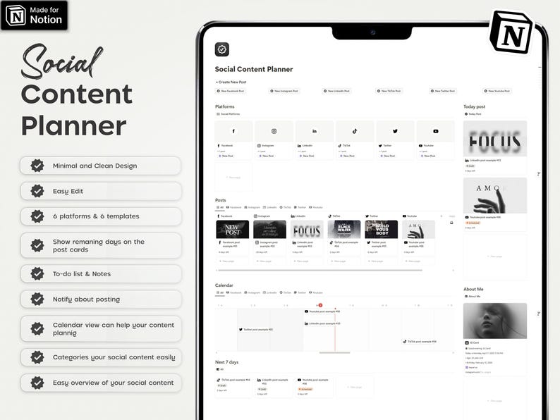 May include: A screenshot of a Notion template for social media content planning. The template includes sections for platforms, posts, a calendar, and an "About Me" section. The template is designed to help users plan and schedule their social media content.