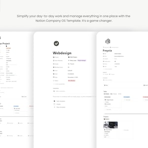 May include: Three white digital interface templates for project management, with the text "Logo Project", "Webdesign", and "Freyvia". The templates include lists, checklists, and project details. The top left corner has the text "Made for Notion".