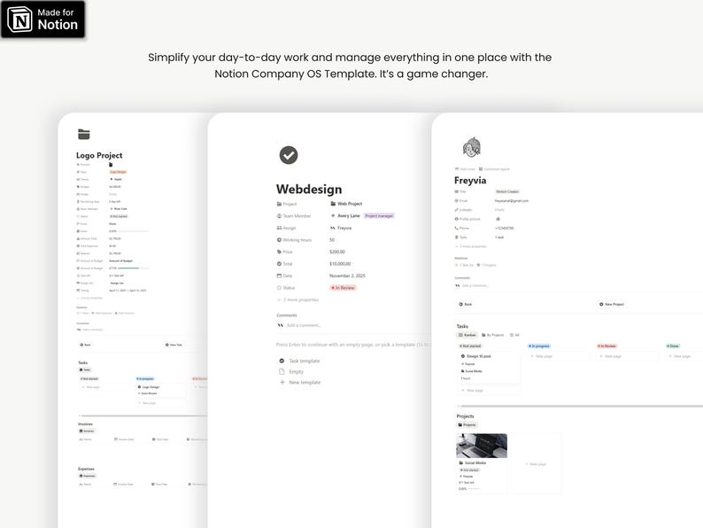 May include: Three white digital interface templates for project management, with the text "Logo Project", "Webdesign", and "Freyvia". The templates include lists, checklists, and project details. The top left corner has the text "Made for Notion".