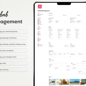 Pode incluir: Uma interface digital para gerenciamento do Airbnb, exibida em um tablet. A tela mostra v&aacute;rias op&ccedil;&otilde;es de gerenciamento, incluindo propriedades, reservas e tarefas. O texto "Airbnb Management" est&aacute; no topo, com o logotipo da Notion no canto.