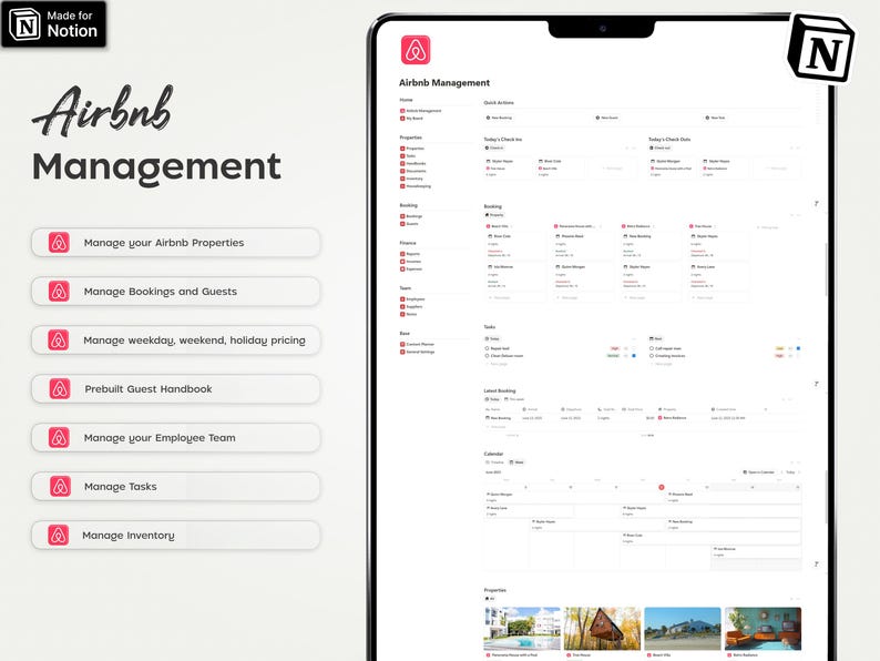 Pode incluir: Uma interface digital para gerenciamento do Airbnb, exibida em um tablet. A tela mostra v&aacute;rias op&ccedil;&otilde;es de gerenciamento, incluindo propriedades, reservas e tarefas. O texto "Airbnb Management" est&aacute; no topo, com o logotipo da Notion no canto.
