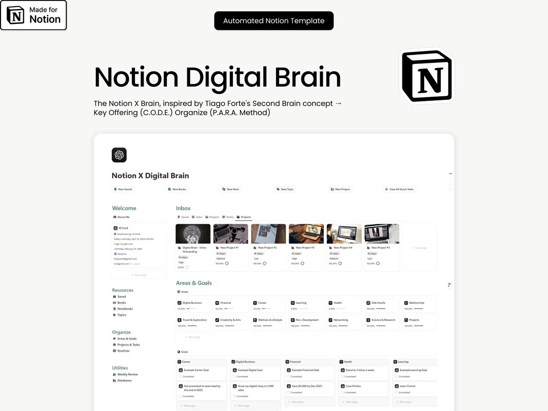 Notion Digital Brain Template | Second Brain System for Tasks, Notes ...