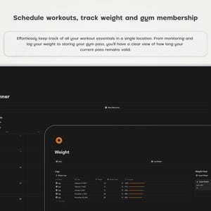 Pode incluir: Uma captura de tela de um aplicativo de cor cinza escuro com um &iacute;cone de raio preto e laranja. O aplicativo se chama "Planner" e possui uma visualiza&ccedil;&atilde;o de calend&aacute;rio e uma se&ccedil;&atilde;o para acompanhar o peso. O texto "Schedule workouts, track weight and gym membership" est&aacute; na parte superior da tela.