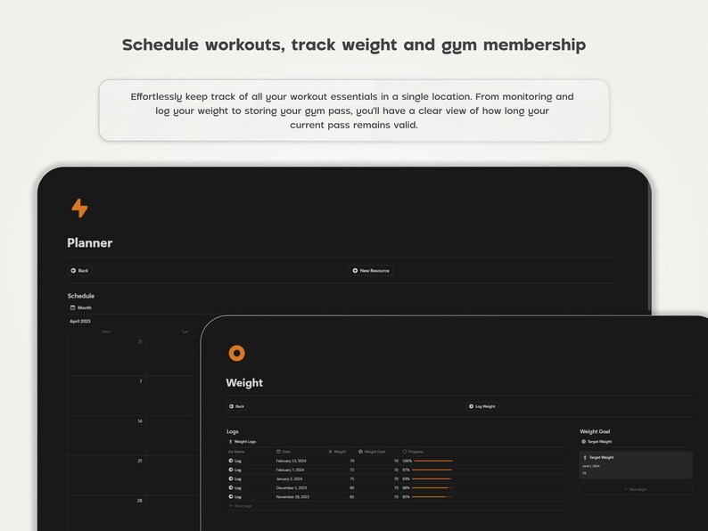 Pode incluir: Uma captura de tela de um aplicativo de cor cinza escuro com um &iacute;cone de raio preto e laranja. O aplicativo se chama "Planner" e possui uma visualiza&ccedil;&atilde;o de calend&aacute;rio e uma se&ccedil;&atilde;o para acompanhar o peso. O texto "Schedule workouts, track weight and gym membership" est&aacute; na parte superior da tela.