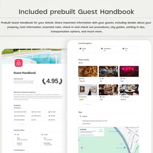 Pode incluir: Um manual digital para h&oacute;spedes do Airbnb, mostrando informa&ccedil;&otilde;es essenciais. O manual inclui detalhes sobre a propriedade, informa&ccedil;&otilde;es do anfitri&atilde;o, regras, procedimentos de check-in e check-out, guias da cidade e op&ccedil;&otilde;es de transporte. O manual tamb&eacute;m inclui uma classifica&ccedil;&atilde;o de 4,95.