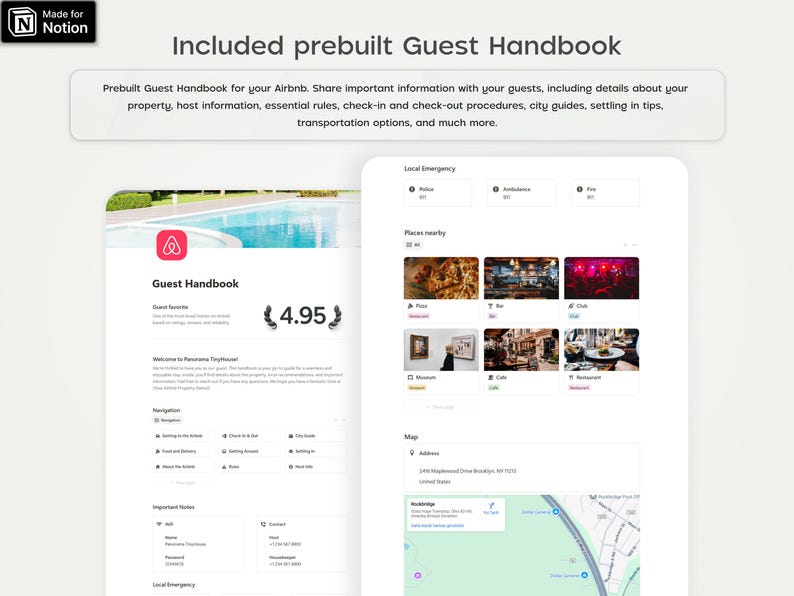 Pode incluir: Um manual digital para h&oacute;spedes do Airbnb, mostrando informa&ccedil;&otilde;es essenciais. O manual inclui detalhes sobre a propriedade, informa&ccedil;&otilde;es do anfitri&atilde;o, regras, procedimentos de check-in e check-out, guias da cidade e op&ccedil;&otilde;es de transporte. O manual tamb&eacute;m inclui uma classifica&ccedil;&atilde;o de 4,95.