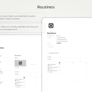 Pu&ograve; includere: Uno screenshot di un modello Notion per tenere traccia delle abitudini e delle routine. Il modello include un calendario settimanale, un elenco di abitudini e una barra di avanzamento. Il testo "Routines" appare nella barra del titolo e nell'intestazione del modello.