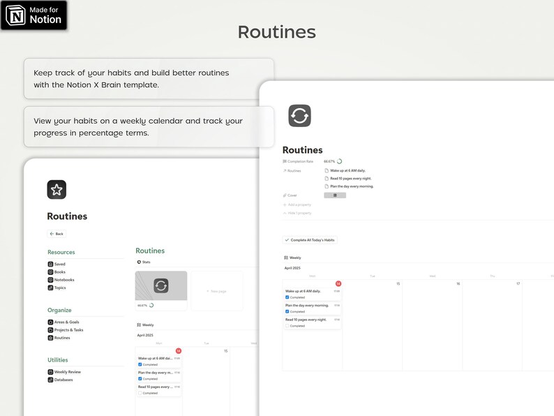 Pu&ograve; includere: Uno screenshot di un modello Notion per tenere traccia delle abitudini e delle routine. Il modello include un calendario settimanale, un elenco di abitudini e una barra di avanzamento. Il testo "Routines" appare nella barra del titolo e nell'intestazione del modello.