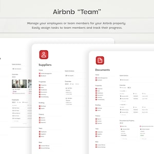Pode incluir: Uma interface digital para gerenciamento de equipe Airbnb, com tr&ecirc;s telas brancas com &iacute;cones e texto vermelhos. As telas exibem op&ccedil;&otilde;es para funcion&aacute;rios, fornecedores e documentos, com o t&iacute;tulo "Airbnb Team" no topo. A interface &eacute; projetada para gerenciamento de tarefas.