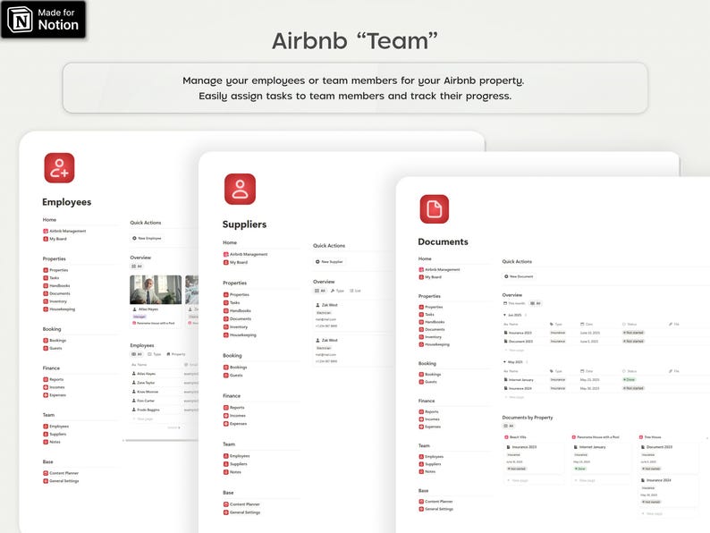 Pode incluir: Uma interface digital para gerenciamento de equipe Airbnb, com tr&ecirc;s telas brancas com &iacute;cones e texto vermelhos. As telas exibem op&ccedil;&otilde;es para funcion&aacute;rios, fornecedores e documentos, com o t&iacute;tulo "Airbnb Team" no topo. A interface &eacute; projetada para gerenciamento de tarefas.