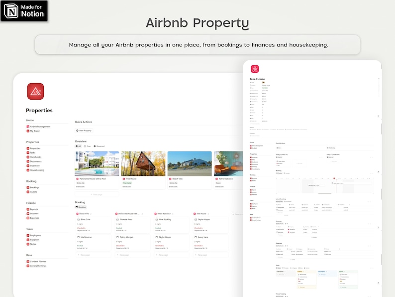 Pode incluir: Uma interface digital para gerenciamento de propriedades Airbnb, mostrando recursos como reservas, finan&ccedil;as e limpeza. A interface exibe listagens de propriedades com imagens e informa&ccedil;&otilde;es detalhadas, tudo em um layout limpo e organizado.