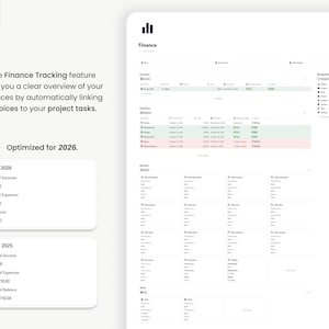May include: A white digital interface displays financial data, including income, expenses, and balance, with the text "Finance" at the top. The interface includes a navigation bar and a section for tracking invoices. Text on the screen reads "Optimized for 2026."