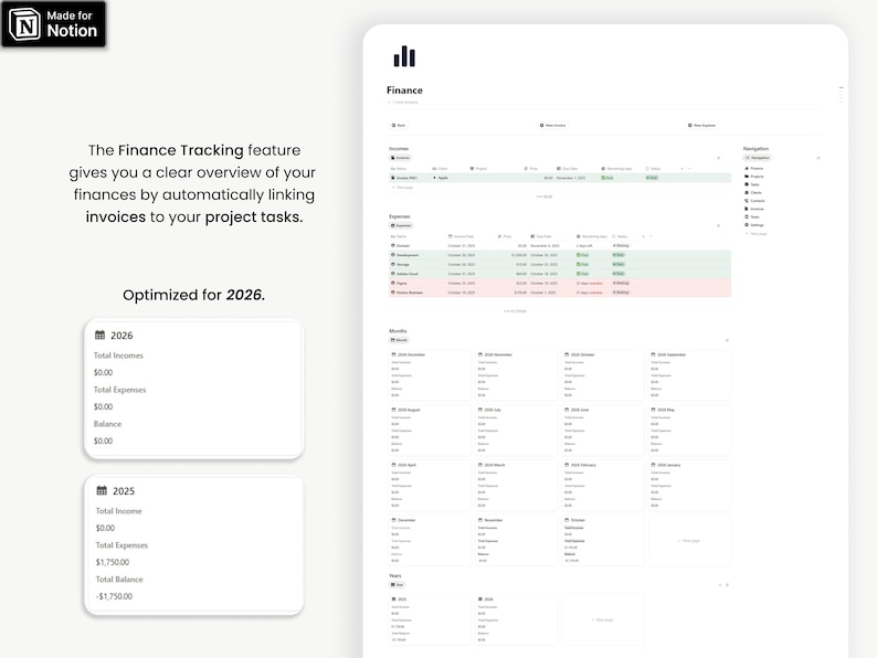 May include: A white digital interface displays financial data, including income, expenses, and balance, with the text "Finance" at the top. The interface includes a navigation bar and a section for tracking invoices. Text on the screen reads "Optimized for 2026."