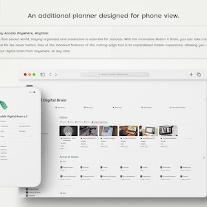 Pu&ograve; includere: Uno screenshot di un'app mobile Notion X Brain su uno smartphone e un computer desktop. L'app &egrave; progettata per organizzare e gestire attivit&agrave;, progetti e idee. L'app presenta un'interfaccia pulita e moderna con uno sfondo bianco e accenti verdi. L'app &egrave; etichettata "Mobile Digital Brain v.1" e "Digital Brain".