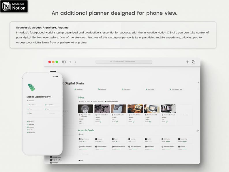 Pu&ograve; includere: Uno screenshot di un'app mobile Notion X Brain su uno smartphone e un computer desktop. L'app &egrave; progettata per organizzare e gestire attivit&agrave;, progetti e idee. L'app presenta un'interfaccia pulita e moderna con uno sfondo bianco e accenti verdi. L'app &egrave; etichettata "Mobile Digital Brain v.1" e "Digital Brain".