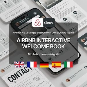 Libro de bienvenida interactivo de Airbnb: guía digital para huéspedes, registro de entrada, normas de la casa y consejos locales (plantilla de Canva)