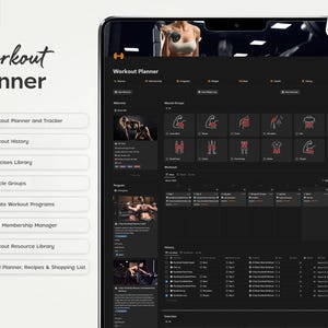 Pode incluir: Uma tela cinza escura com uma imagem em preto e branco de uma pessoa se exercitando. A tela mostra um planejador de treino com se&ccedil;&otilde;es para grupos musculares, treinos, hist&oacute;rico e exerc&iacute;cios. O texto "Workout Planner" &eacute; exibido no topo da tela. A tela est&aacute; em um fundo branco.