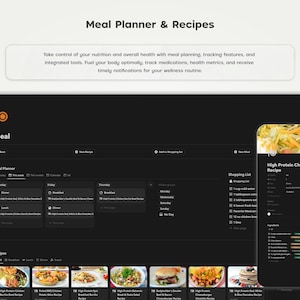 Pode incluir: Uma captura de tela de um aplicativo de planejamento de refei&ccedil;&otilde;es com um fundo escuro. O aplicativo inclui um planejador de refei&ccedil;&otilde;es, uma lista de compras e uma se&ccedil;&atilde;o de receitas. A se&ccedil;&atilde;o de receitas mostra uma receita de tigela de burrito de frango com alto teor de prote&iacute;na. O aplicativo tamb&eacute;m inclui uma visualiza&ccedil;&atilde;o de calend&aacute;rio para planejar as refei&ccedil;&otilde;es.