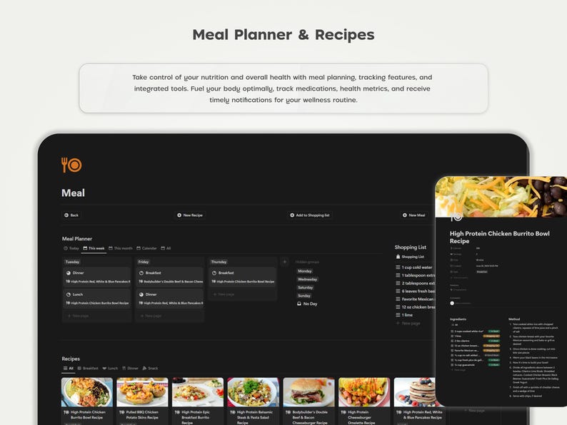 Pode incluir: Uma captura de tela de um aplicativo de planejamento de refei&ccedil;&otilde;es com um fundo escuro. O aplicativo inclui um planejador de refei&ccedil;&otilde;es, uma lista de compras e uma se&ccedil;&atilde;o de receitas. A se&ccedil;&atilde;o de receitas mostra uma receita de tigela de burrito de frango com alto teor de prote&iacute;na. O aplicativo tamb&eacute;m inclui uma visualiza&ccedil;&atilde;o de calend&aacute;rio para planejar as refei&ccedil;&otilde;es.