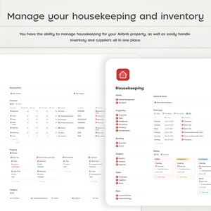 Pode incluir: Uma interface digital para gerenciar a limpeza e o invent&aacute;rio, com o texto "Gerencie sua limpeza e invent&aacute;rio". A interface inclui se&ccedil;&otilde;es para invent&aacute;rio, limpeza e reservas, com um &iacute;cone de casa vermelha.