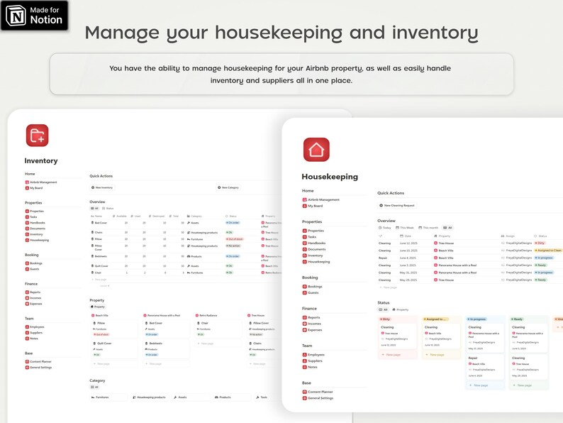 Pode incluir: Uma interface digital para gerenciar a limpeza e o invent&aacute;rio, com o texto "Gerencie sua limpeza e invent&aacute;rio". A interface inclui se&ccedil;&otilde;es para invent&aacute;rio, limpeza e reservas, com um &iacute;cone de casa vermelha.