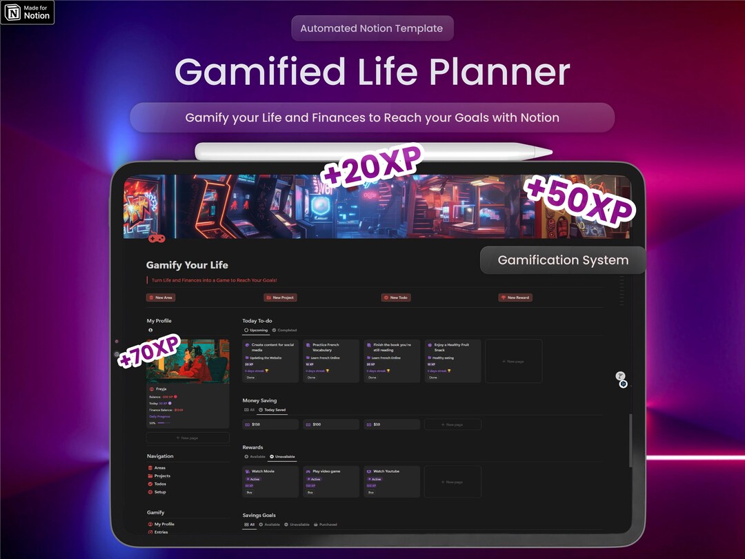 Notion Template Gamified Life Planner, Habit Tracker Painel de economia ...