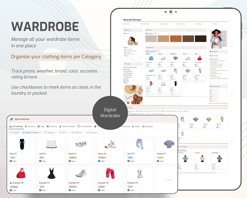 Notion Template Wardrobe Manager, Notion Outfit Planner, Closet Manager