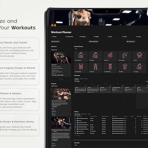 Pode incluir: Uma captura de tela de um espa&ccedil;o de trabalho do Notion mostrando um aplicativo de planejamento de treino com fundo escuro e detalhes laranja. O aplicativo inclui se&ccedil;&otilde;es para planejamento de treino, cria&ccedil;&atilde;o de programas, planejamento de refei&ccedil;&otilde;es e organiza&ccedil;&atilde;o de grupos musculares. O aplicativo foi projetado para ajudar os usu&aacute;rios a organizar e acompanhar seus treinos.