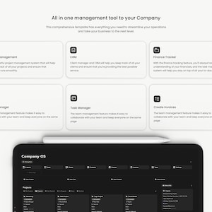 May include: A digital tablet displaying a business management interface, with a stylus resting on top. The screen shows project management, CRM, finance tracking, team management, task management, and invoice creation features.