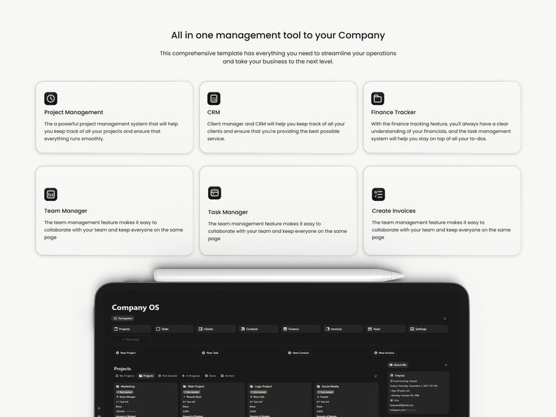May include: A digital tablet displaying a business management interface, with a stylus resting on top. The screen shows project management, CRM, finance tracking, team management, task management, and invoice creation features.
