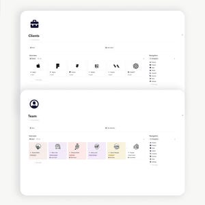 May include: A digital interface design with a white background. The interface is divided into two sections: "Clients" and "Team". Each section displays icons and text, including company logos and user profiles. The top left corner has the text "Made for Notion".