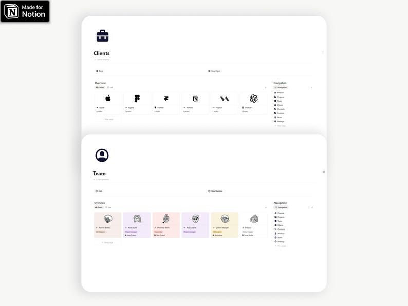 May include: A digital interface design with a white background. The interface is divided into two sections: "Clients" and "Team". Each section displays icons and text, including company logos and user profiles. The top left corner has the text "Made for Notion".