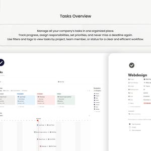 May include: A digital interface displaying a task management system. The screen shows a "Tasks Overview" with options to manage tasks, track progress, and assign responsibilities. The interface includes a timeline and project details.