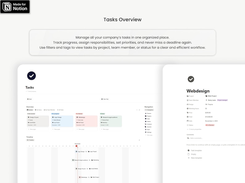 May include: A digital interface displaying a task management system. The screen shows a "Tasks Overview" with options to manage tasks, track progress, and assign responsibilities. The interface includes a timeline and project details.