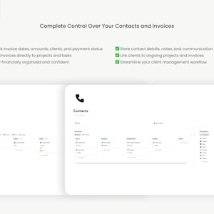 May include: A digital interface for managing invoices and contacts. The image displays a clean, white interface with sections for invoices and contacts, along with key features like tracking invoice dates and storing contact details. Text includes "Complete Control Over Your Contacts and Invoices."