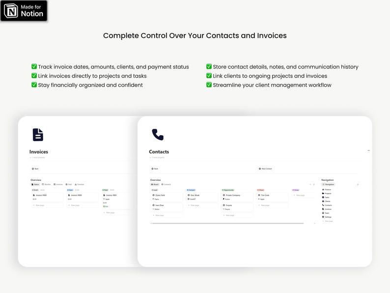 May include: A digital interface for managing invoices and contacts. The image displays a clean, white interface with sections for invoices and contacts, along with key features like tracking invoice dates and storing contact details. Text includes "Complete Control Over Your Contacts and Invoices."