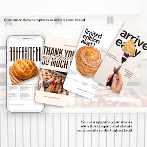 May include: A mockup of a bakery menu on a phone, a thank you card, and two promotional cards. The cards feature baked goods like bread and croissants. Text includes "Bakery Menu", "Thank You", and "Limited Edition Alert!"