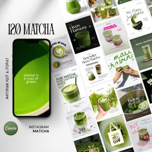 Könnte beinhalten: Eine digitale Anzeige von 120 Social-Media-Vorlagen zum Thema Matcha auf einem Smartphone-Bildschirm, mit verschiedenen Fotografien von Grüntee-Getränken, minimalistischer Typografie und Grafikdesigns mit Text wie peace in a cup of green.