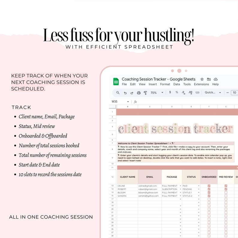 Client Session Tracker Spreadsheet for Coaches, CRM, Client Management ...