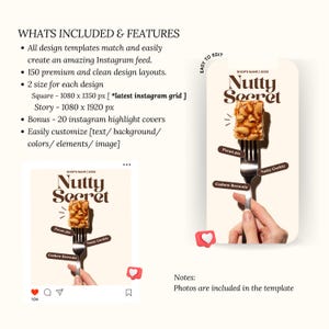 May include: A digital design template for Instagram, featuring a mock-up of a phone screen with the text "Nutty Secret" and a piece of pecan pie on a fork. Includes design layouts, highlight covers, and customizable elements.